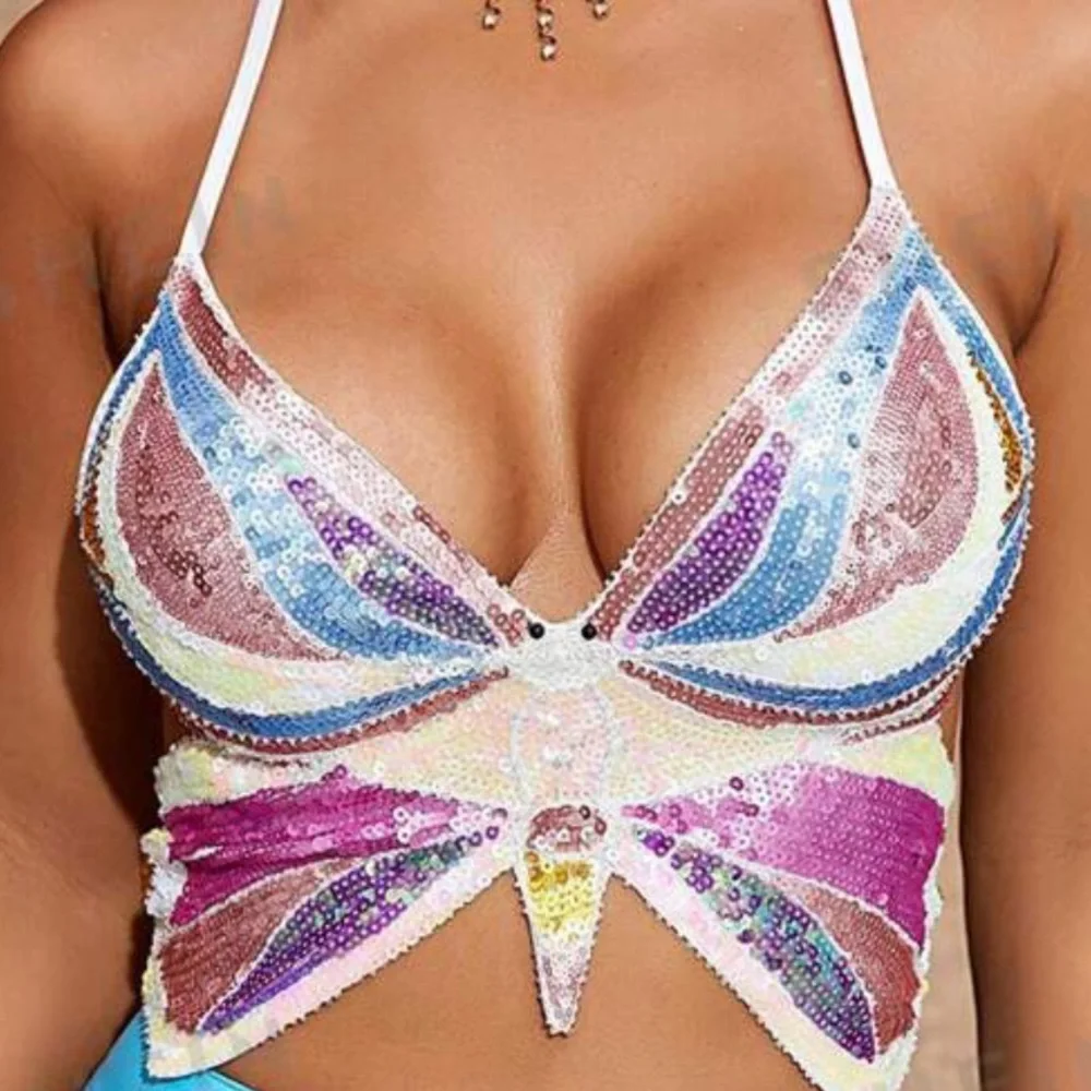 Butterfly crop top sequin glitter rave festival edm ultra edc - Picture 2 of 5